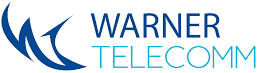 A blue and white logo for warrick telecom