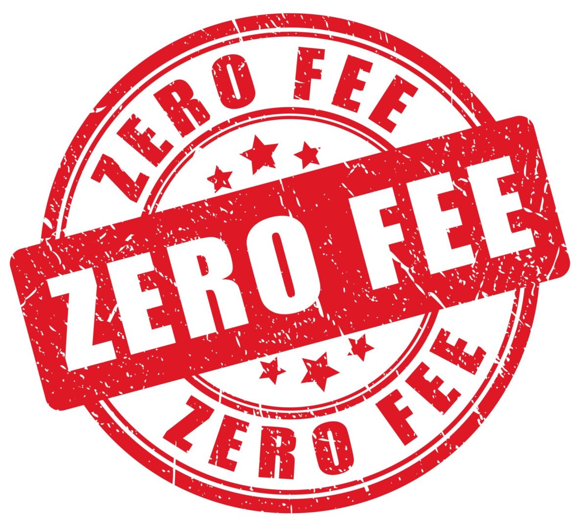 A red stamp with the words " zero fee " written on it.